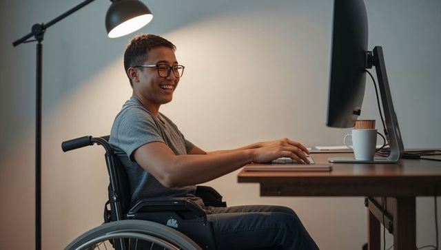 Asian man in wheelchair typing at modern home office desk smiling with glasses, monitor and mug