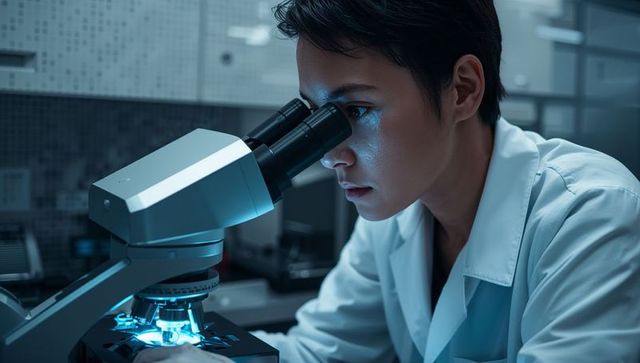 Asian Researcher Examining Microscope Slide in High-Tech Laboratory for Scientific Analysis