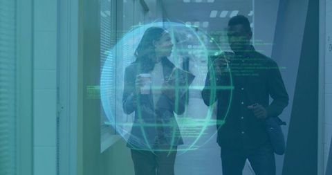 Colleagues Walking with Holographic Code Display