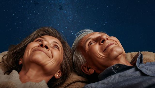 Senior couple stargazing under starry night sky sharing cozy blanket and warmth