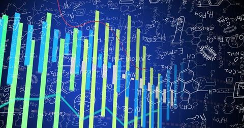 Displaying vertical bar chart infographic with red trend line over scientific formulas