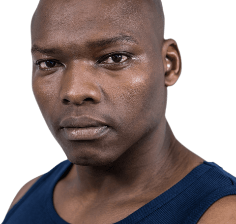 Transparent Background Fit Man Gazing Intently in Blue Top