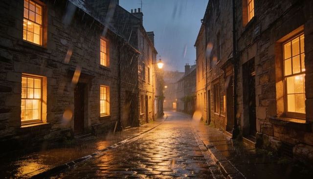 Rain-soaked historic cobblestone lane reflecting glowing windows and lamplight at night