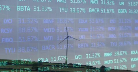 Wind Turbine with Reflective Stock Market Data Overlay