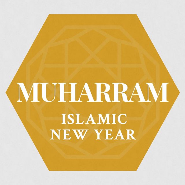 This illustration features the phrase 'Muharram Islamic New Year' in a yellow hexagon, offering a clean and elegant design on a white background. It is perfect for use in projects related to Islamic holidays, event invitations, social media posts, educational materials, and online articles about Islamic cultures and celebrations.