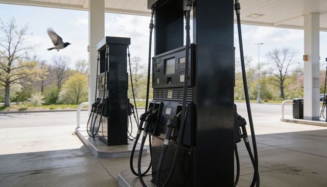 Standing black fuel dispenser featuring hoses and display on pump island with bird flying