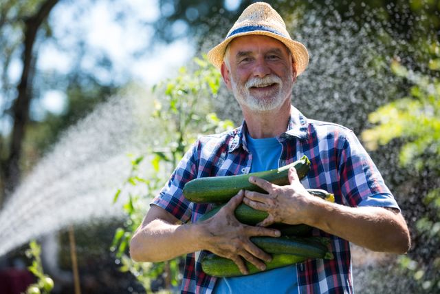 Senior Man Harvesting Fresh Zucchini in Sunny Garden - Download Free Stock Photos Pikwizard.com