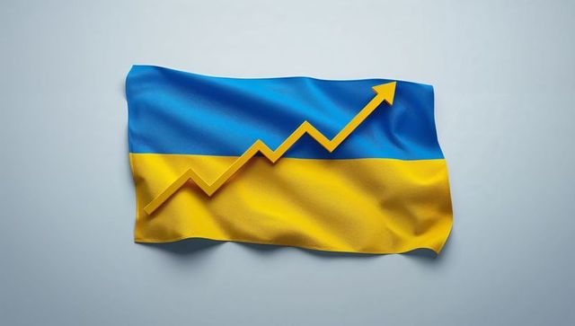 Ukrainian flag with upward arrow symbolizing progress and growth