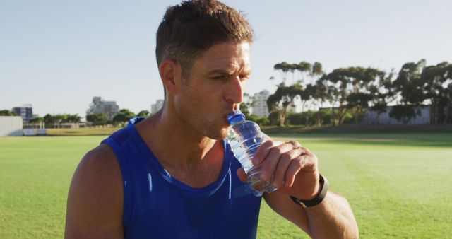 Athletic man drinks water from a bottle while standing on a sports field. He is taking care of his hydration after an exercise session. Useful for promoting health, fitness, and the importance of hydration while engaging in physical activities. Can be used in ads or articles about sports, exercise tips, or hydration.