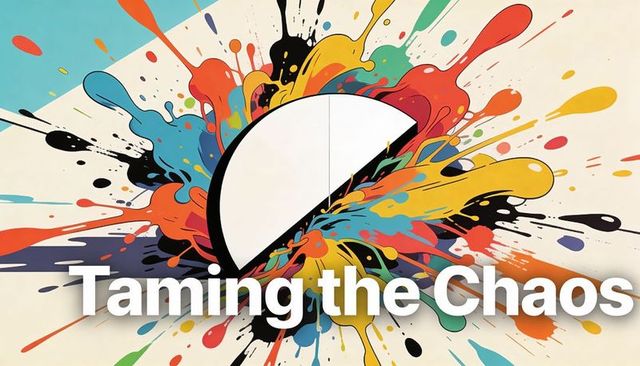 Color explosion behind minimal semicircle featuring taming chaos bold typography