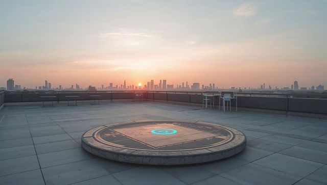 Rooftop helipad at sunrise showing glowing blue landing marker over city skyline