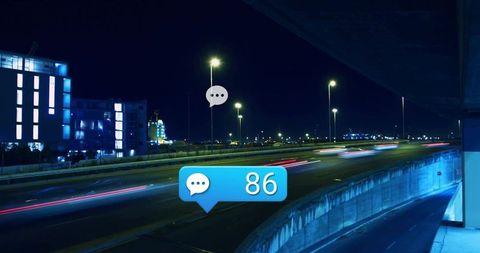 Neon-lit urban highway at night showing motion blur light trails and social chat badge 86