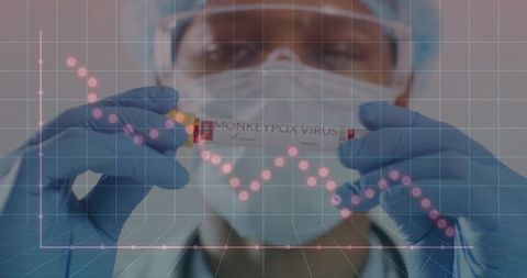 Lab technician holding Monkeypox virus vial while wearing full PPE with data overlay