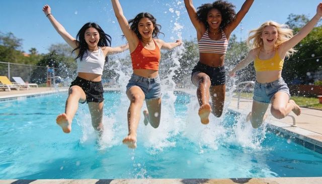 Four friends jumping into pool, splashing and laughing, summer backyard fun