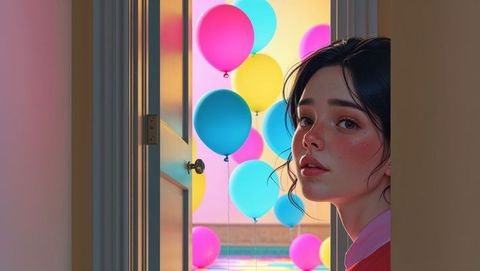 Woman peeking into colorful balloon-filled room - shy concept