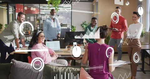 Leading woman gesturing in collaborative open-plan meeting with data visualization overlays