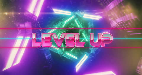 Retro Neon Level Up Sign with Geometric Background