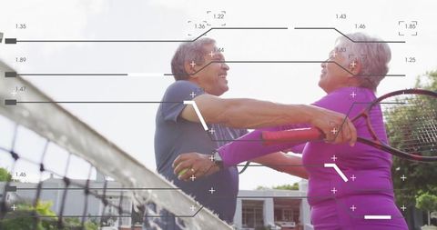 Senior Couple Celebrating Tennis Match with Embrace on Sunny Court