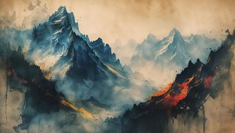 Majestic fantasy mountains with swirling mist and fiery lava