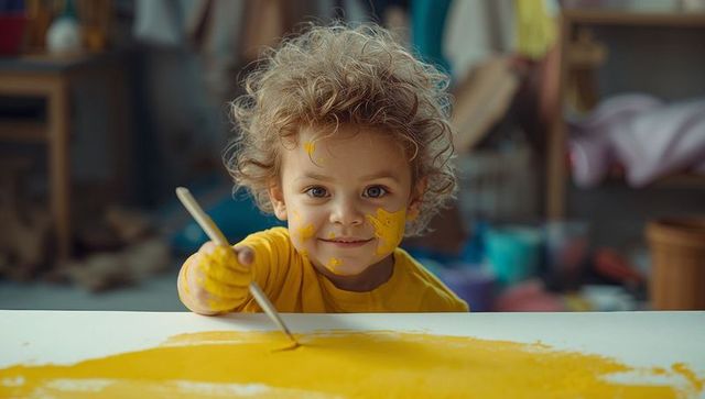 Creative curly-haired child painting with yellow in home art space