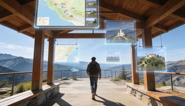 Backpacker walking toward mountain viewpoint with floating augmented reality travel holograms