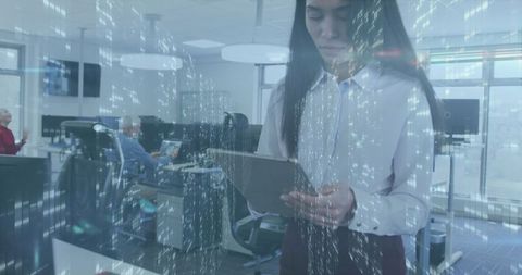 Businesswoman Engaging with Digital Technology and Virtual Data Interface