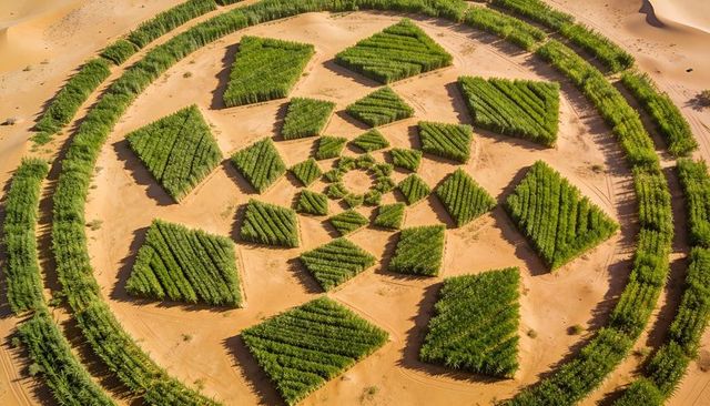 Geometric Desert Oasis Plantations Forming Concentric Rings and Diamond Tree Plots