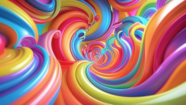Psychedelic swirling rainbow twist with glossy ribbons