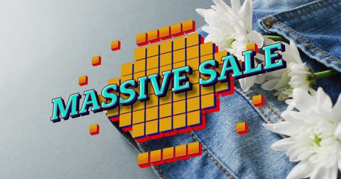 Bright and eye-catching sale promotion featuring bold text over a denim and floral background. Suitable for online advertisements, social media marketing, and promotional graphics in retail sales. Ideal for targeting fashion-forward consumers and enhancing promotional campaigns with a stylish touch.