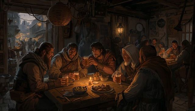 Sharing ale and roasted meat among cloaked companions in candlelit medieval tavern