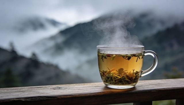 Steaming herbal tea cup sitting on mountain balcony railing overlooking misty valley