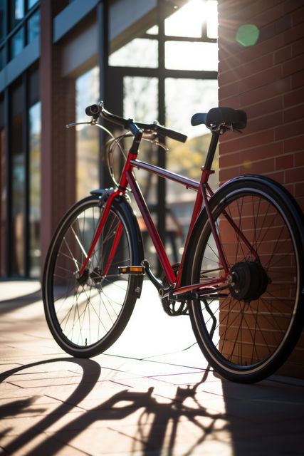 Urban setting with a red bicycle leaning against a brick building at sunset. This image evokes themes of modern urban living, outdoor commuting, and an active lifestyle. Ideal for use in campaigns promoting eco-friendly transportation, city cycling culture, or in content related to fitness and health, travel blogs, and social media posts highlighting outdoor activities.