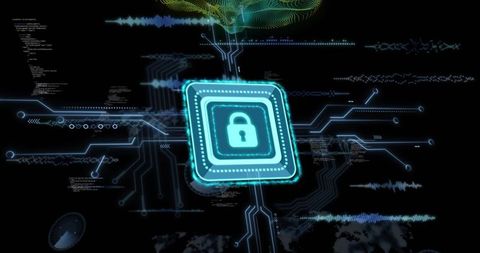 Pulsing cybersecurity microchip emitting neon circuit traces and padlock icon for data protection