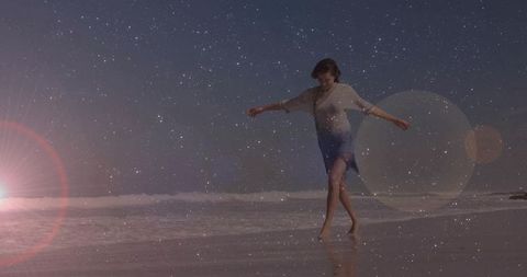 Solitary Woman Strolling Tranquil Beach at Dusk with Starry Overlay
