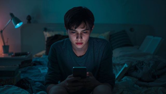 Scrolling teenage boy on rumpled bed at night holding smartphone with blue glow screen time