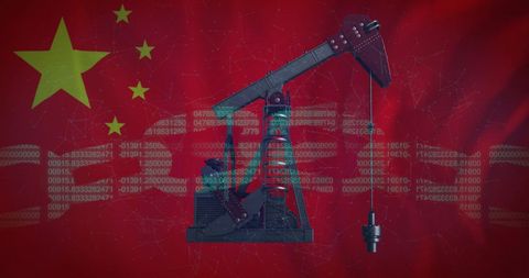Oil Rig and Binary Code Overlay on Chinese Flag Illustrating Data and Energy Fusion