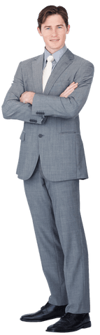 Confident Businessman in Gray Suit with Crossed Arms on Transparent Background