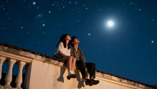 Romantic couple sitting on rooftop ledge gazing at full moon and starry night sky