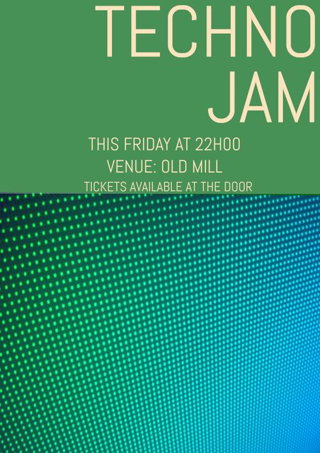 Techno Jam Announcement Poster with Green and Blue Digital Dots Background - Download Free Stock Templates Pikwizard.com