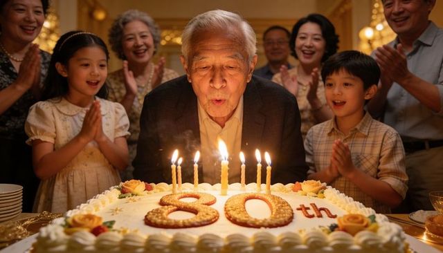 Elderly man blowing out candles on 80th birthday cake while family cheering and clapping