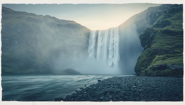 Cascading waterfall plunging into misty river gorge with pebble shoreline at dawn