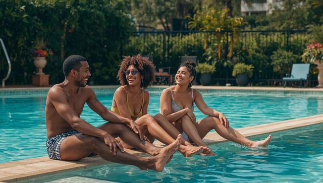 Laughing friends relaxing poolside, dipping feet in water, wearing sunglasses