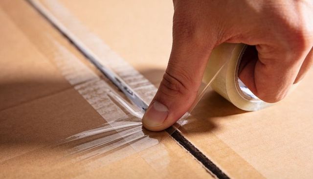 Hand sealing corrugated cardboard box with clear packing tape close-up for shipping and moving