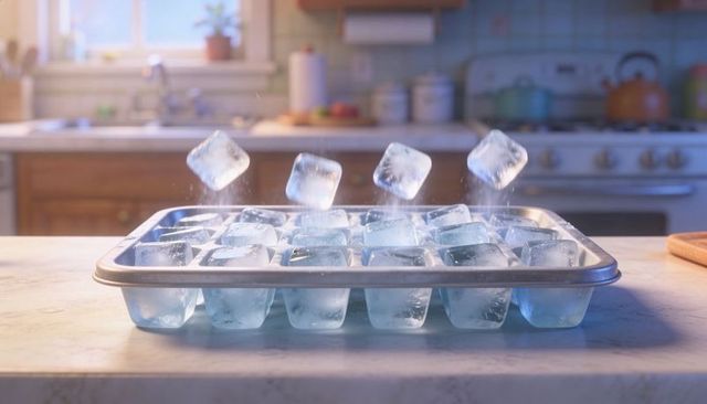 Rectangular ice cube tray releasing clear ice cubes on sunlit marble countertop
