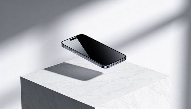 Floating smartphone hovering above marble pedestal casting shadow with minimalist lighting