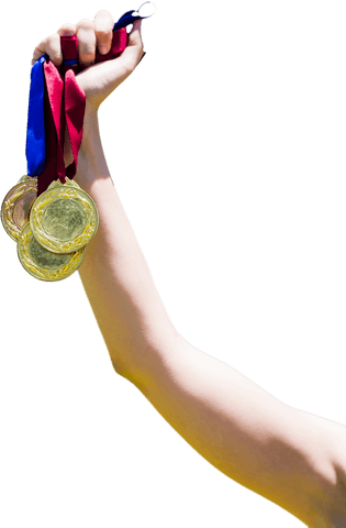 Transparent background winner holding multiple medals confidently