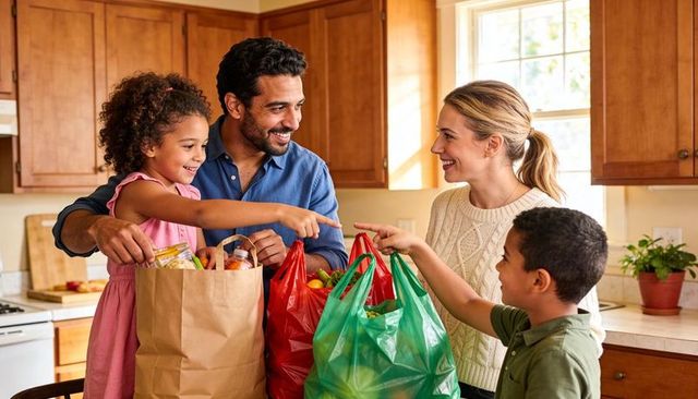 Smiling family unpacking groceries in sunlit kitchen with colorful reusable bags