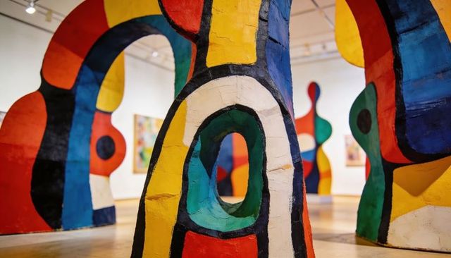 Vibrant Arch Sculptures Dominating Museum Gallery Featuring Abstract Multicolor Forms