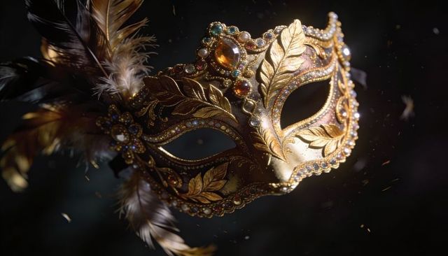 Golden venetian masquerade mask with feathers, amber jewels and gilded baroque leaf motifs