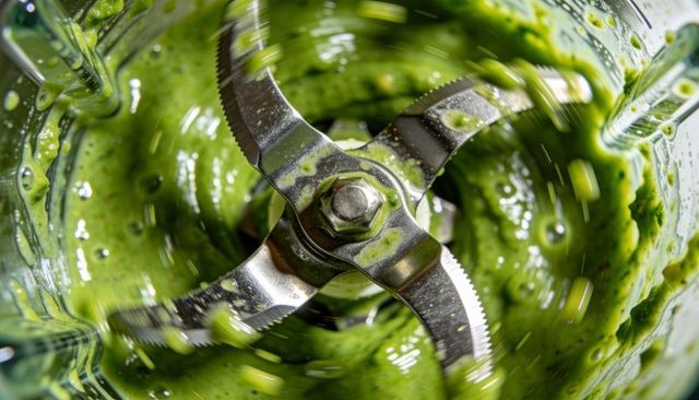 High-speed stainless-steel blender blade chopping vibrant green smoothie vortex close-up